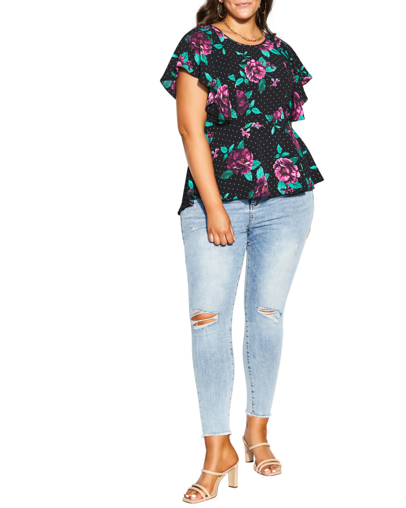 Front of a model wearing a size XS Emma Top in Black / Purple by City Chic. | dia_product_style_image_id:233452